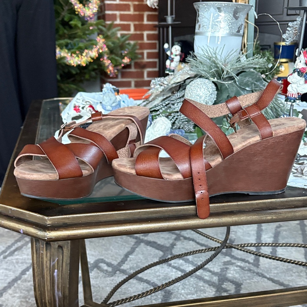 Maurices Tan Leather Wedge Sandals